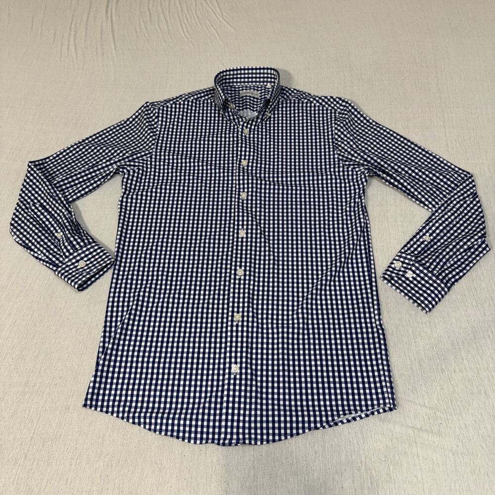 Collars & Co Nylon Spandex Long Sleeve Button Down Navy Blue Check Small NWOT